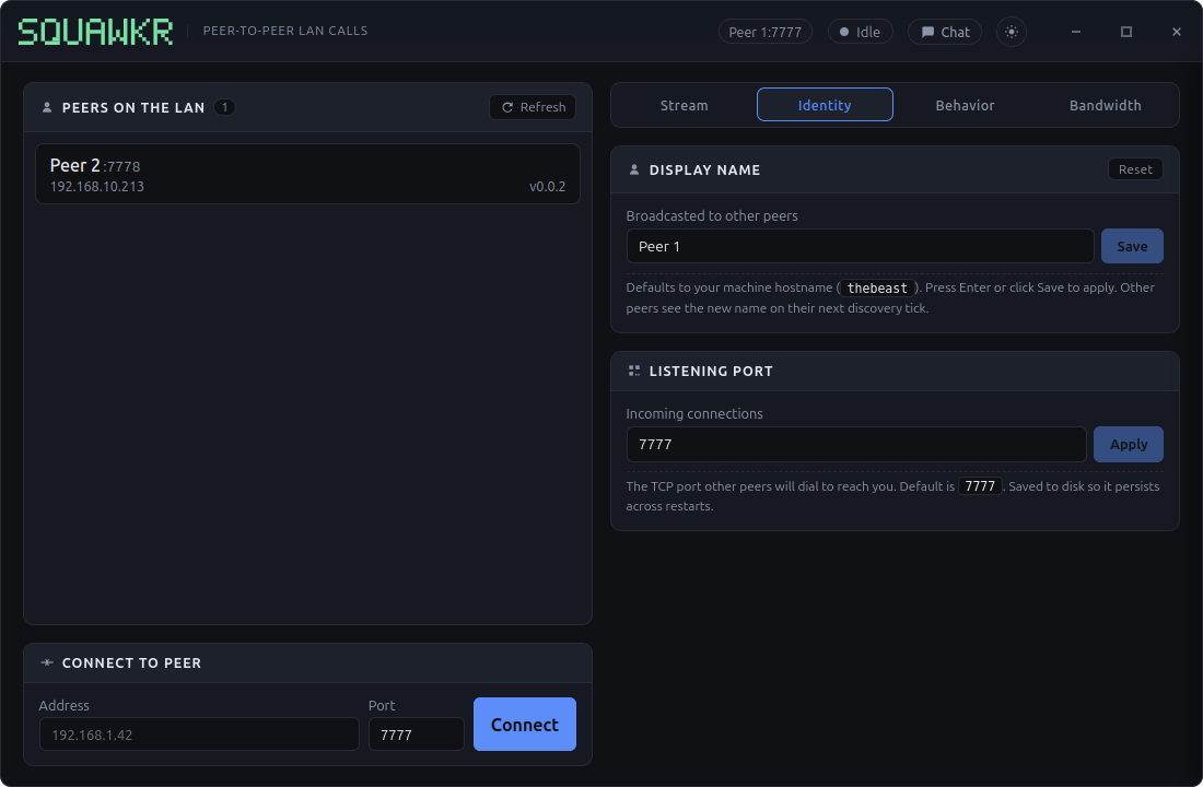 Squawkr's main screen, showing the peer list on the left and identity settings on the right